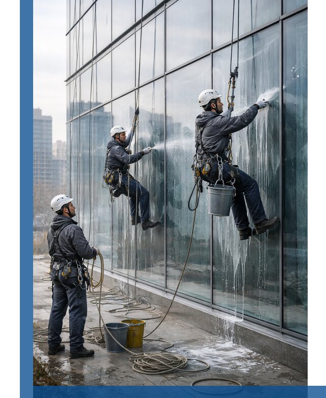 Промышленная мойка панорамных окон на высоте в Уссурийске