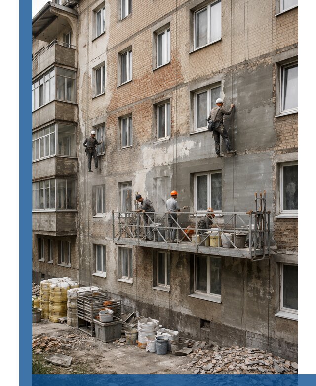 Капитальный ремонт фасада в Уссурийске с восстановлением и гидроизоляцией