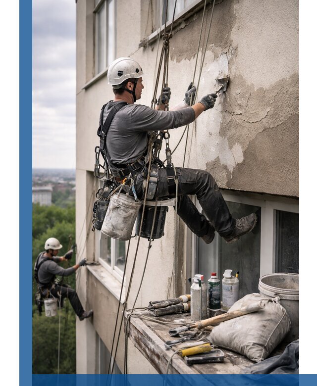 Косметический ремонт фасада зданий в Уссурийске промышленными альпинистами