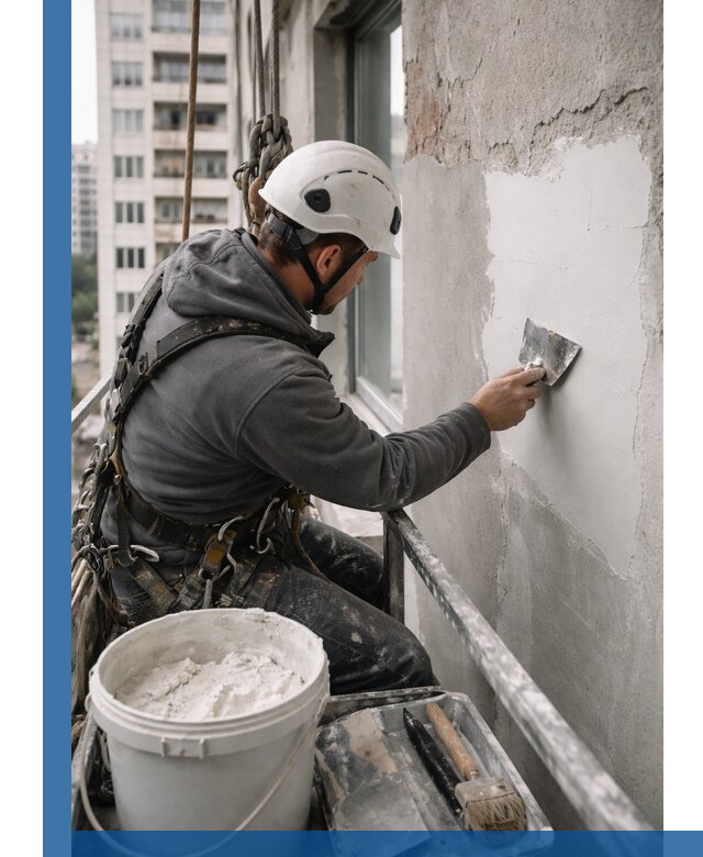 Шпаклевка фасадов на высоте с промальпинистами в Уссурийске