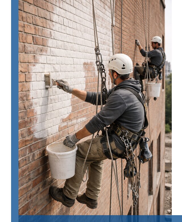Покраска кирпичного фасада с доступным альпинистским сервисом в Уссурийске
