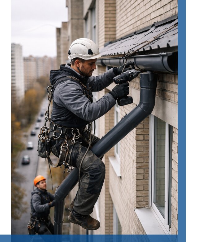 Монтаж водосточной системы на здании в Уссурийске от 5155 р. | ВЫСОТНИК-Сср