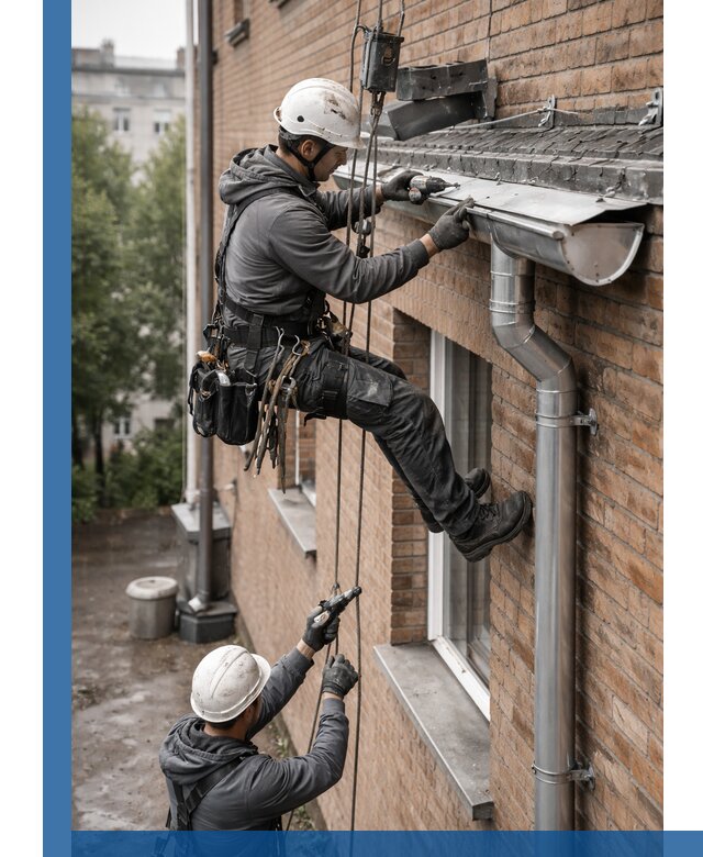 Монтаж водосточной системы на здании в Уссурийске под ключ