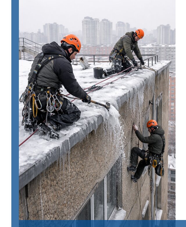 Удаление наледи с кровли в Уссурийске промышленными альпинистами