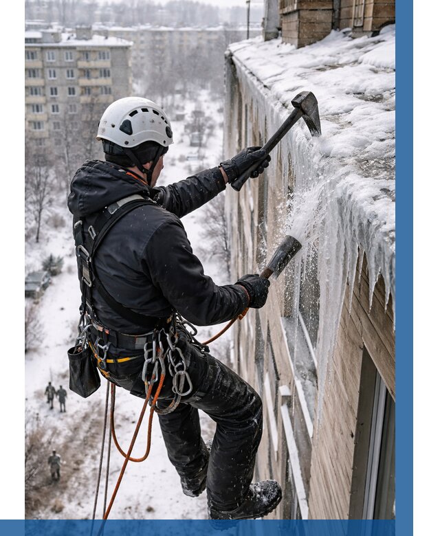 Сбивание сосулек с крыши в Уссурийске по цене от 4640 р. | ВЫСОТНИК-Сср