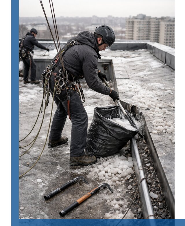 Аварийная очистка кровли в Уссурийске от промальпинистов