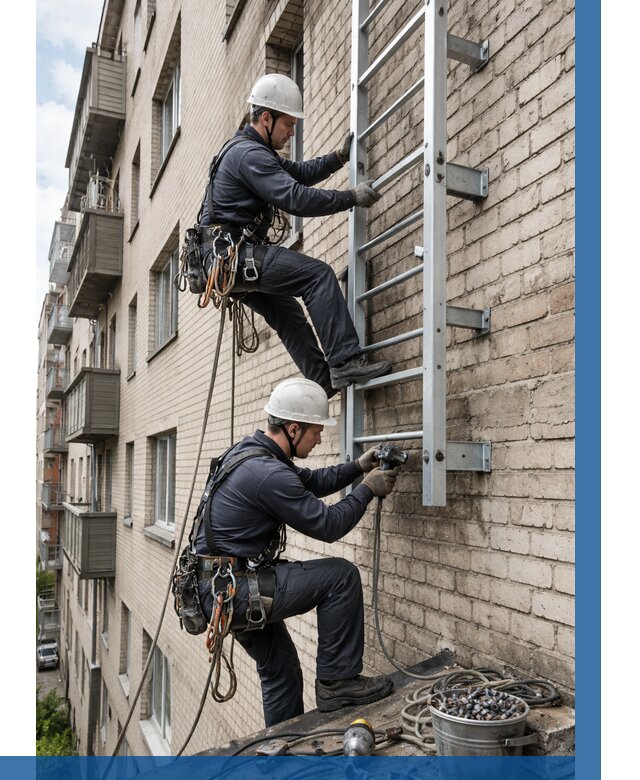 Монтаж пожарной лестницы в Уссурийске от 25775 р заказать у ВЫСОТНИК-Сср