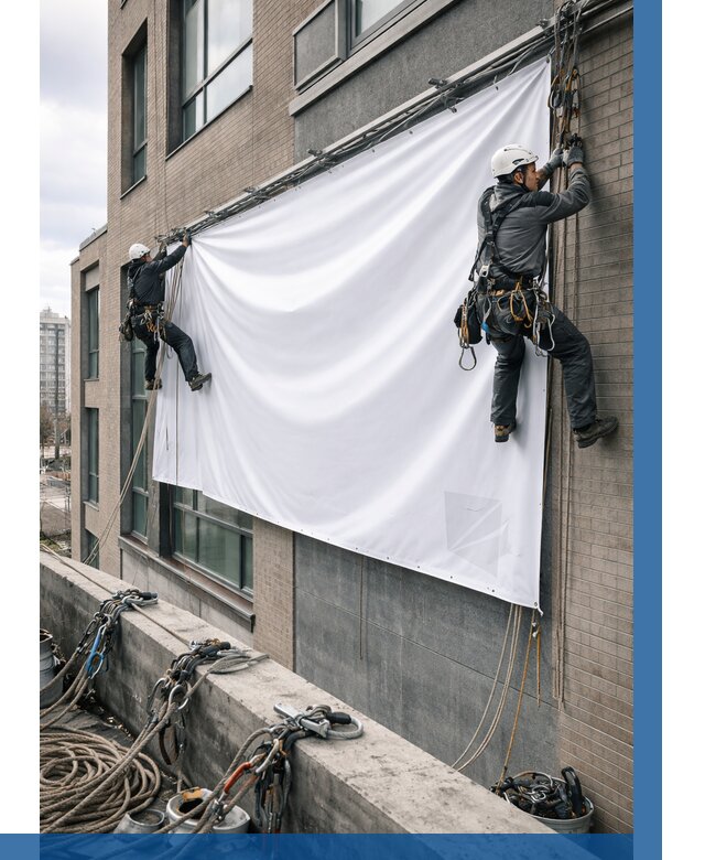 Монтаж баннеров на фасаде в Уссурийске от 670 р. заказать ВЫСОТНИК-Сср