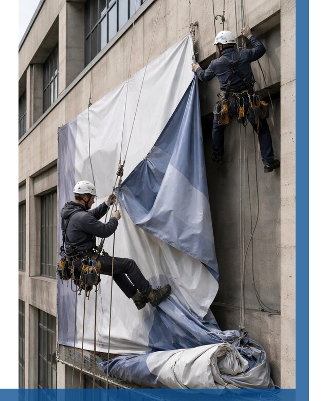 Демонтаж баннеров с фасада в Уссурийске от 4640 р. | ВЫСОТНИК-Сср