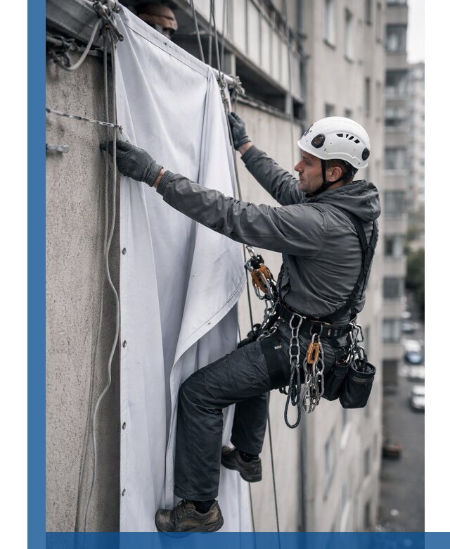 Замена баннерного полотна промышленными альпинистами в Уссурийске