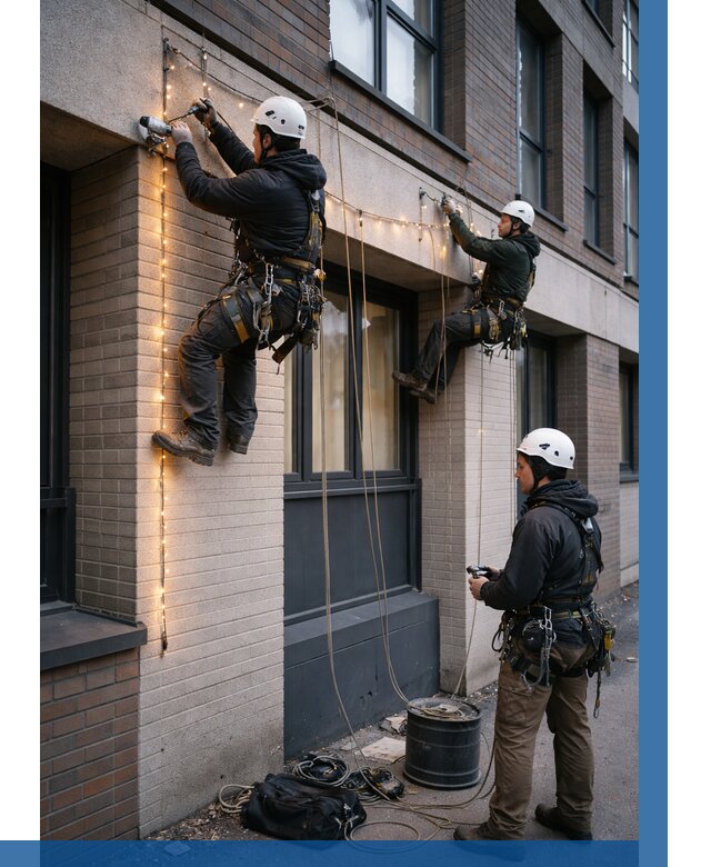 Монтаж гирлянд на фасаде в Уссурийске от 3609 р. | ВЫСОТНИК-Сср