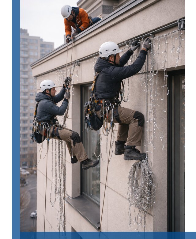 Монтаж праздничных гирлянд на фасаде в Уссурийске для зданий