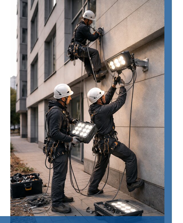 Монтаж прожекторов на фасаде в Уссурийске от 7733 р. | ВЫСОТНИК-Сср