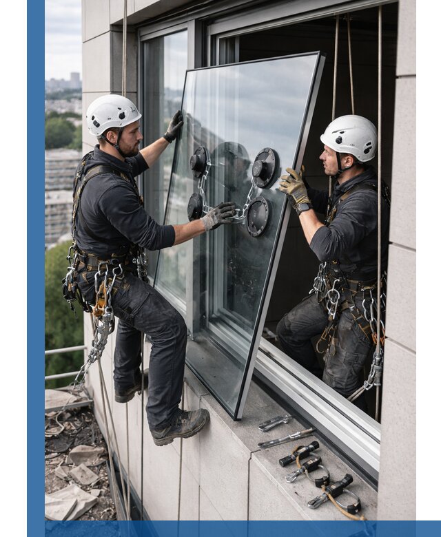 Замена стеклопакетов на высоте с промышленными альпинистами в Уссурийске