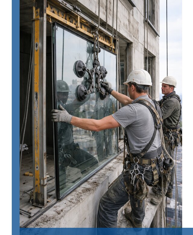 Монтаж стеклопакетов на высоте в Уссурийске с промышленным альпинизмом