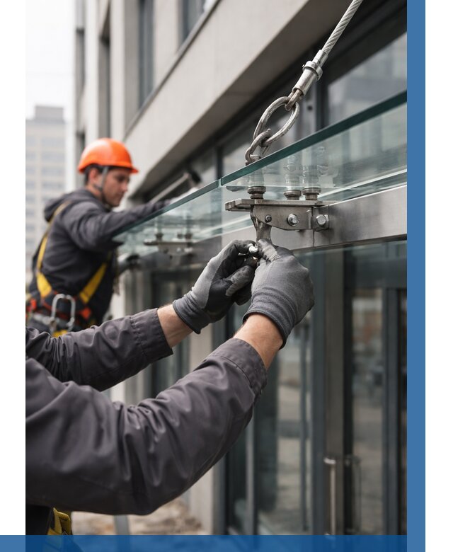 Монтаж стеклянных козырьков в Уссурийске от 8764 р. | ВЫСОТНИК-Сср