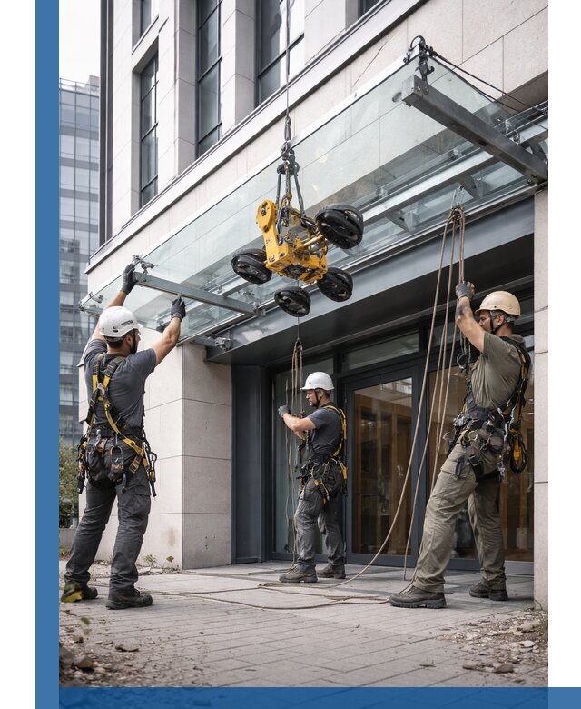 Монтаж стеклянных козырьков под ключ в Уссурийске для зданий