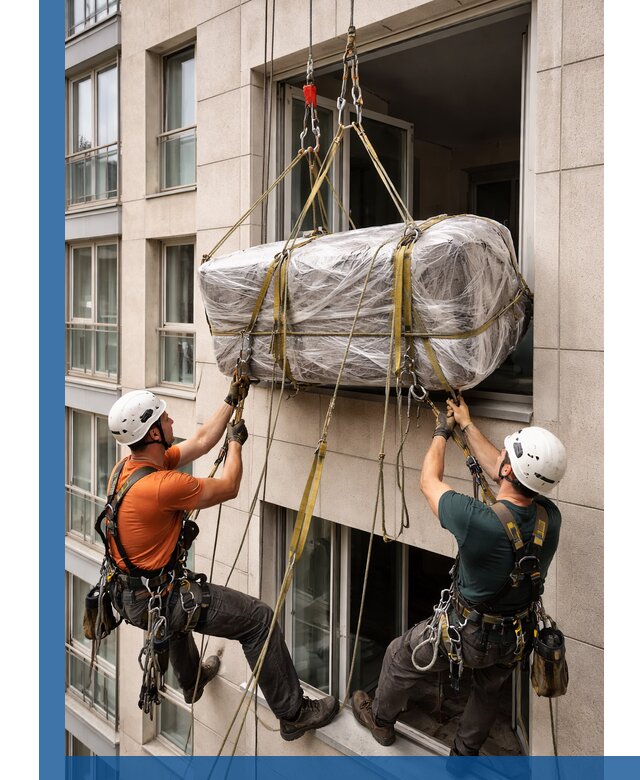 Подъем грузов через окно в Уссурийске промышленными альпинистами