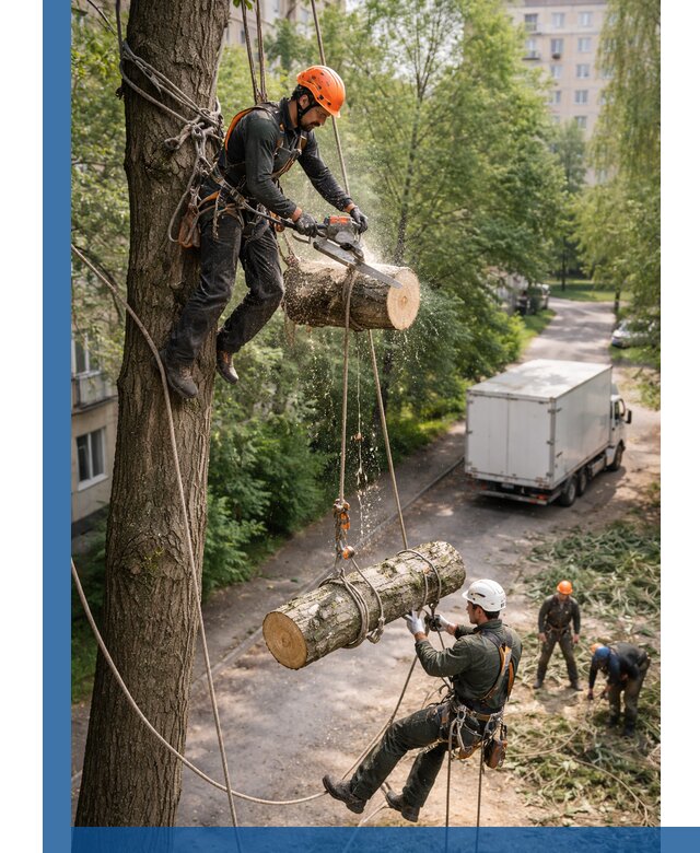 Спил деревьев альпинистами в Уссурийске, безопасно и без повреждений