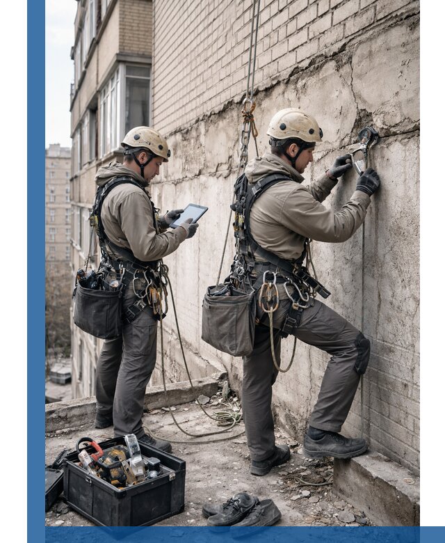 Обследование фасада промышленными альпинистами в Уссурийске